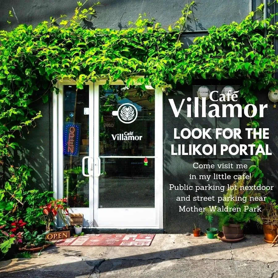 Café Villamor entrance: glass doors under vines, potted plants, an OPEN sign, and a large text overlay.