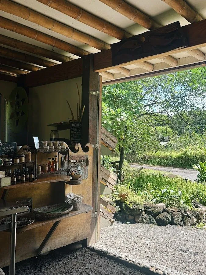 Wooden counter under bamboo rafters, with jars, bottles, a fresh-fruit-samples sign, and garden through the open side.