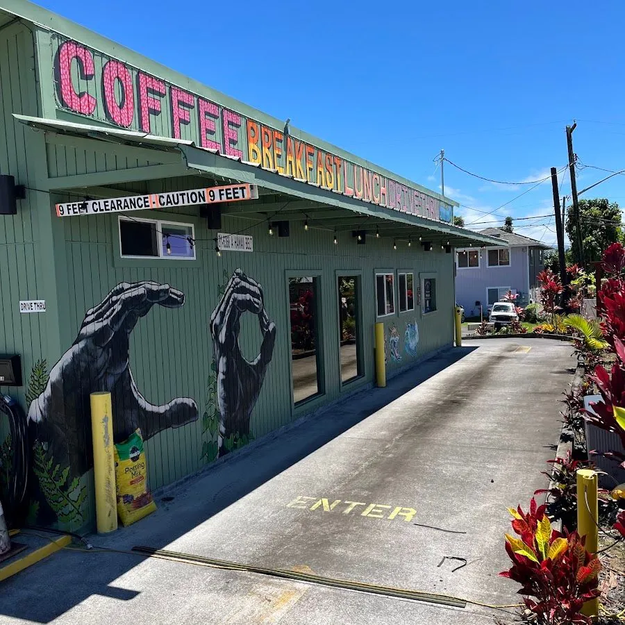 Sage-green coffee drive-thru with a colorful Coffee Breakfast Lunch sign, hand mural, and ENTER on the lane.