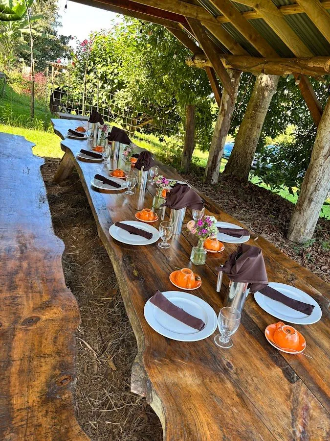 Long wood dining table set with plates, napkins, orange cups, and flowers under an open farm pavilion.