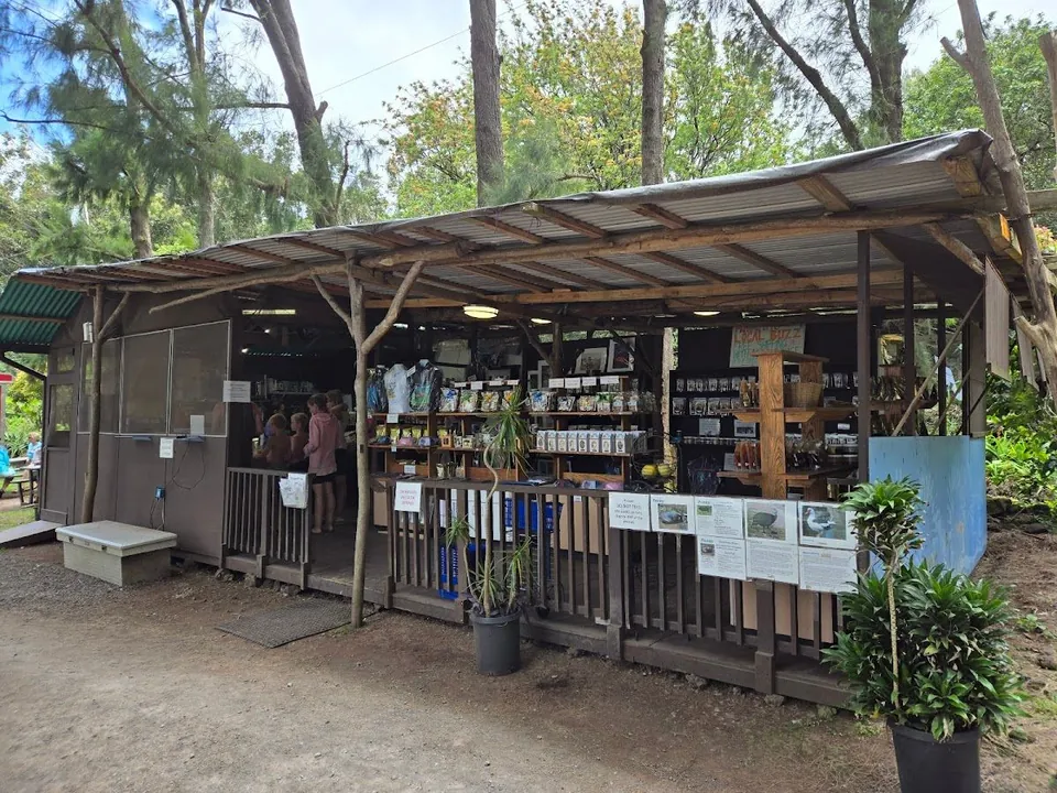 Open wooden shop under a metal roof in the trees, with stocked shelves and people at a service window.