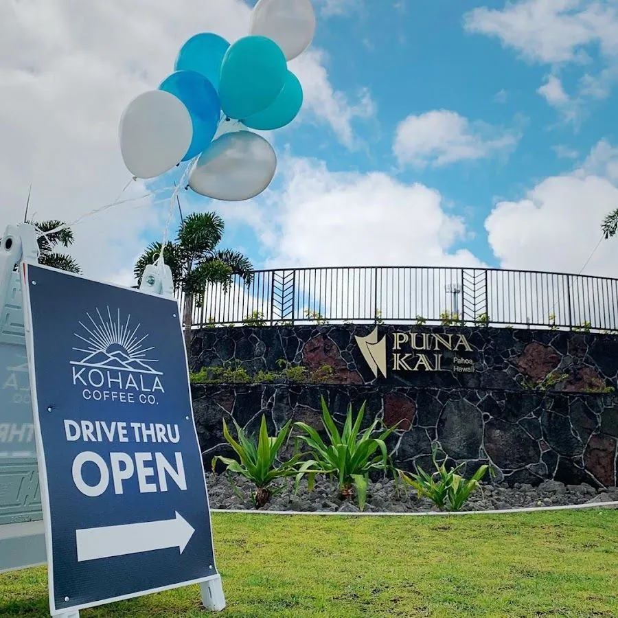 Kohala Coffee Co. A-frame sign reads drive thru open, with balloons, in front of a Puna Kai stone wall.