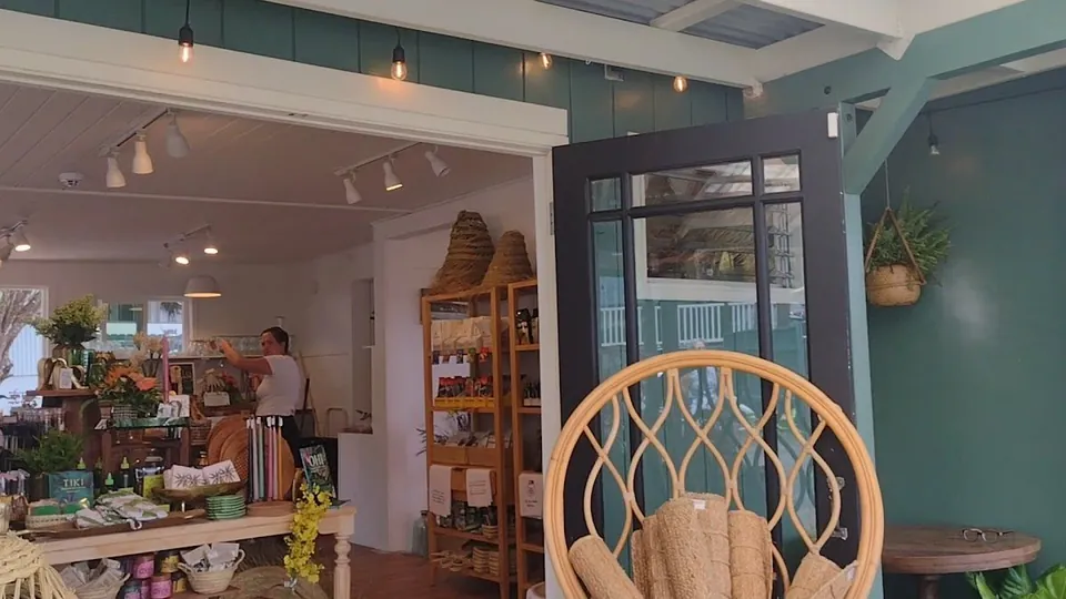 Teal-walled shop interior with a rattan chair, stocked shelves, and a person reaching toward a display.