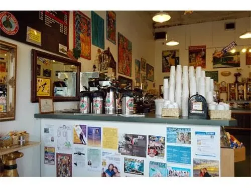 Coffee shop service counter with thermal carafes, stacked paper cups, brewing equipment, and walls covered in posters and flyers.