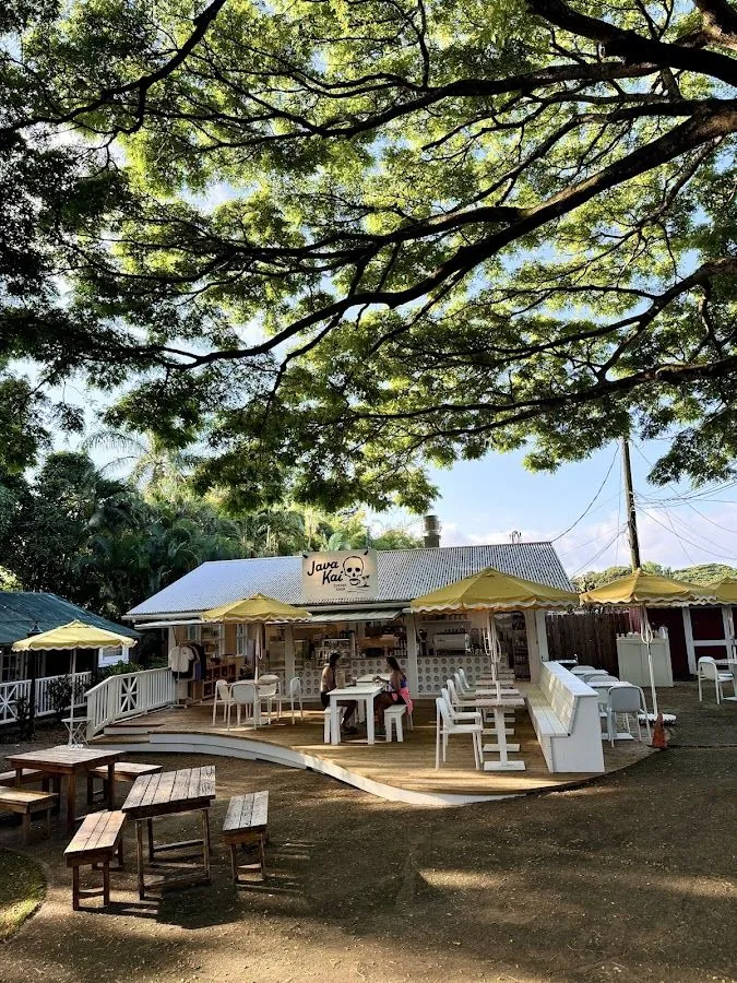 Two people sit at a table on the wooden deck outside the Java Kai building, under yellow umbrellas and large trees.