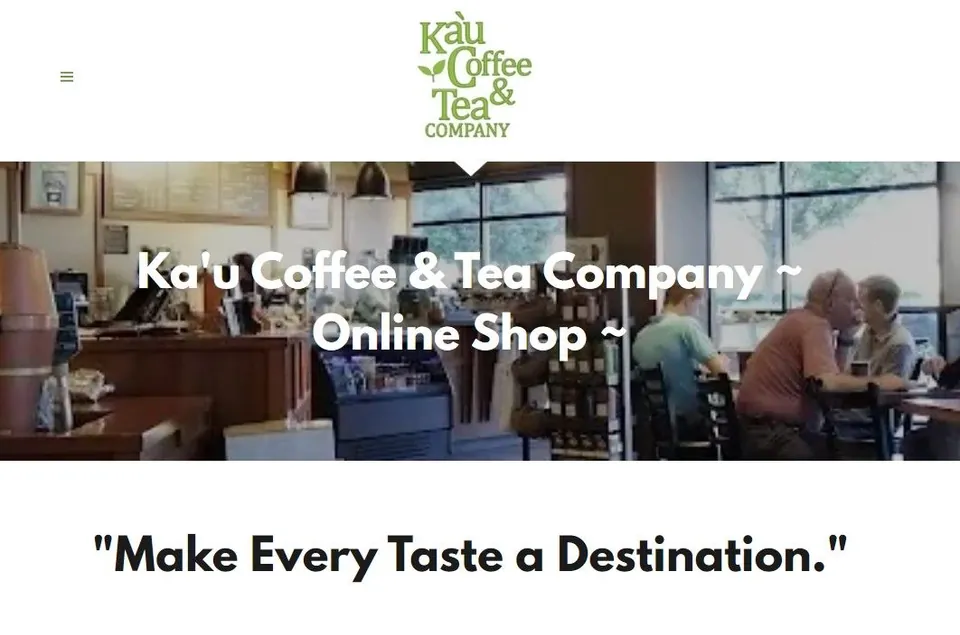 Ka'u Coffee & Tea Company webpage showing a cafe interior, seated customers, and an online shop banner.