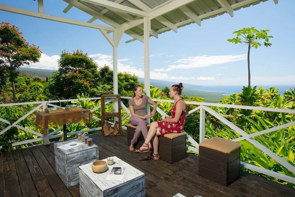 Two people sit and talk on a covered wooden deck; one holds a cup, with trees and ocean beyond.