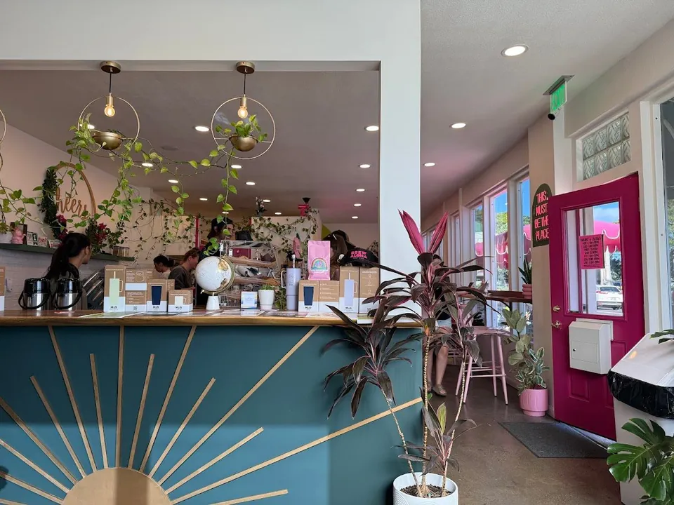 Cafe service counter with teal sunburst panel, hanging plants, pendant lights, and a bright pink door.