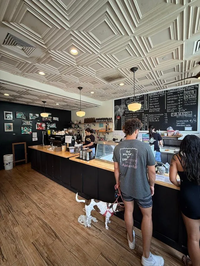 Shop interior with a patterned ceiling, service counter, wall menu, customers, and a leashed dog.