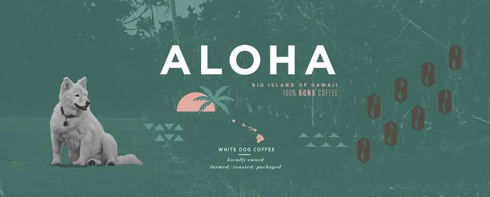 Teal banner shows a seated white dog, ALOHA and White Dog Coffee lettering, and coffee-bean icons.