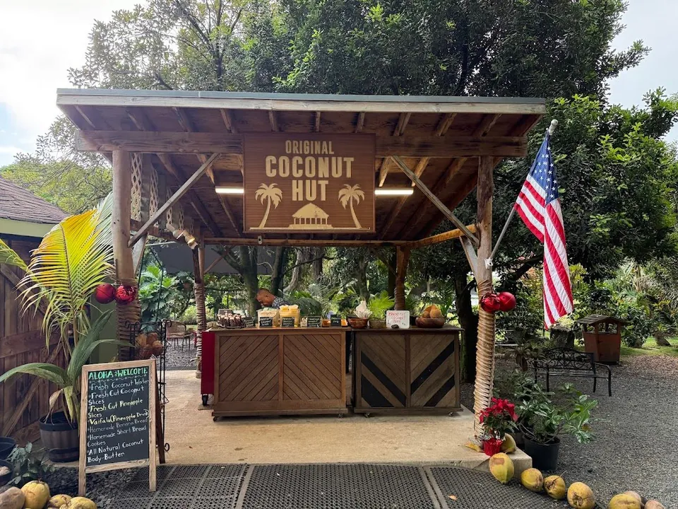 Wooden open-air stand labeled Original Coconut Hut, with a chalkboard menu, American flag, and coconuts in front.