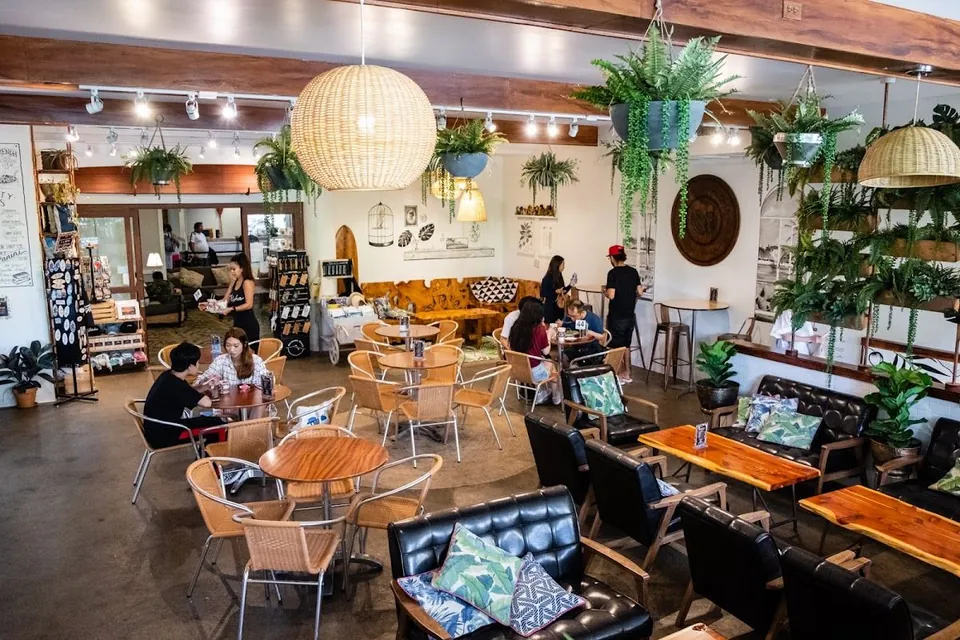 People sit at tables and stand near a high table in a plant-filled cafe with woven lamps.